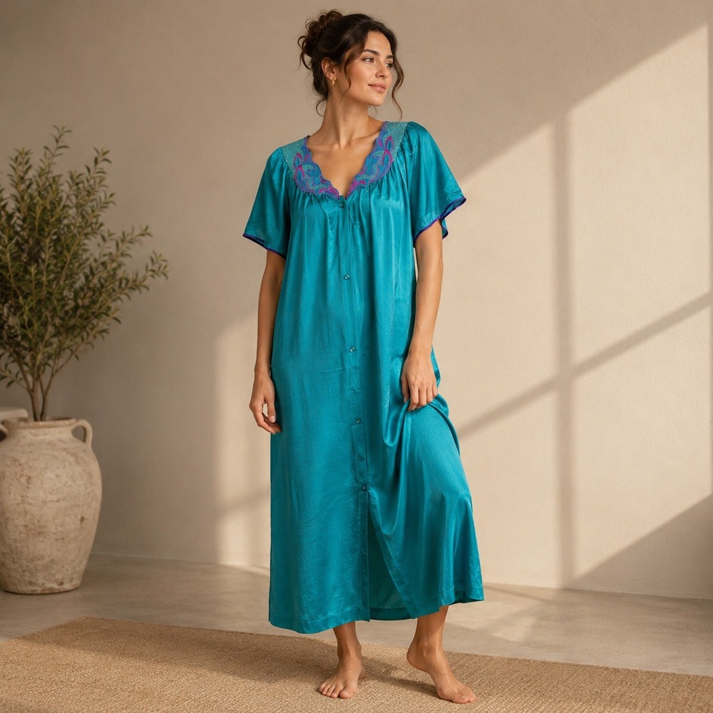 Vintage Vanity‎ Fair Teal Satin Nightgown Embroidered Button Front Sleepwear M